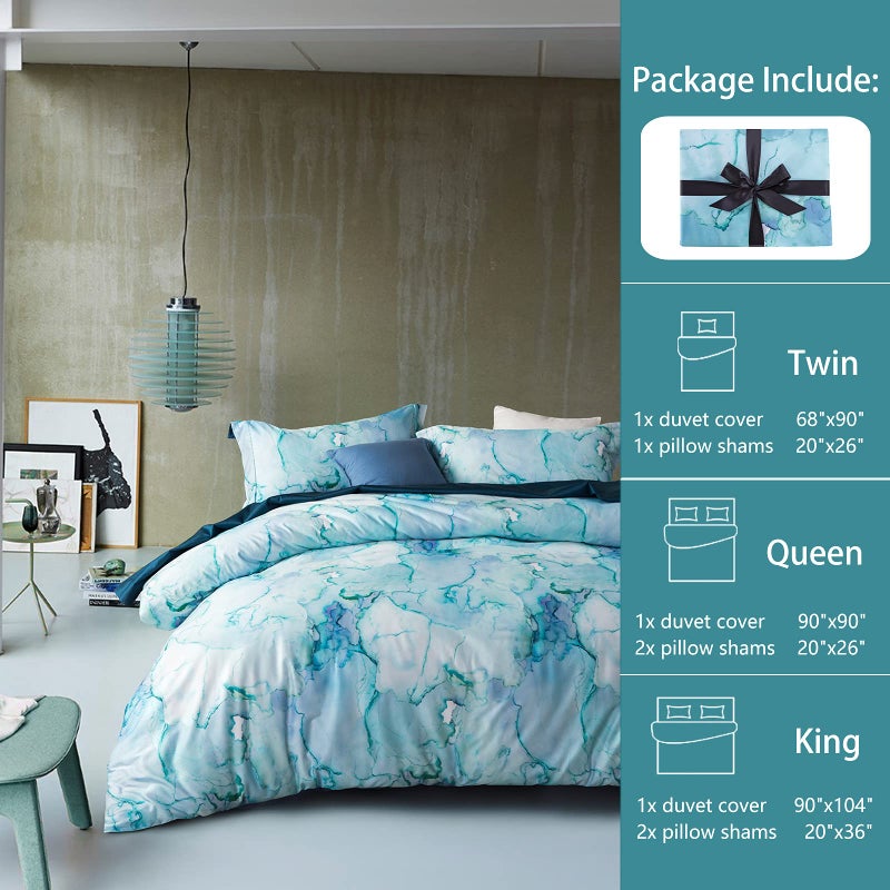 MILDLY 100% Long-Staple Cotton Duvet Cover Set Aqua Watercolor Marble Pattern Printed Comforter Cover 3pcs, Ultra Soft & Breathable Bedding Set - Image 2